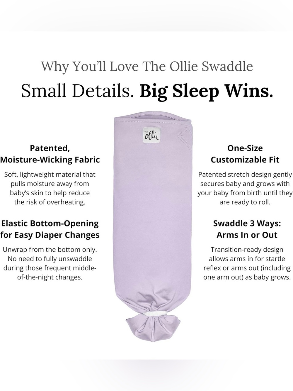 Ollie Swaddle Sleep Sack in Light Purple — One-Size Adjustable Swaddle